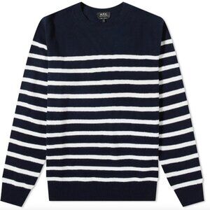 A.P.C. Men's Travis Wool/Cotton Stripe Crewneck Sweater Dark Navy - Medium USED